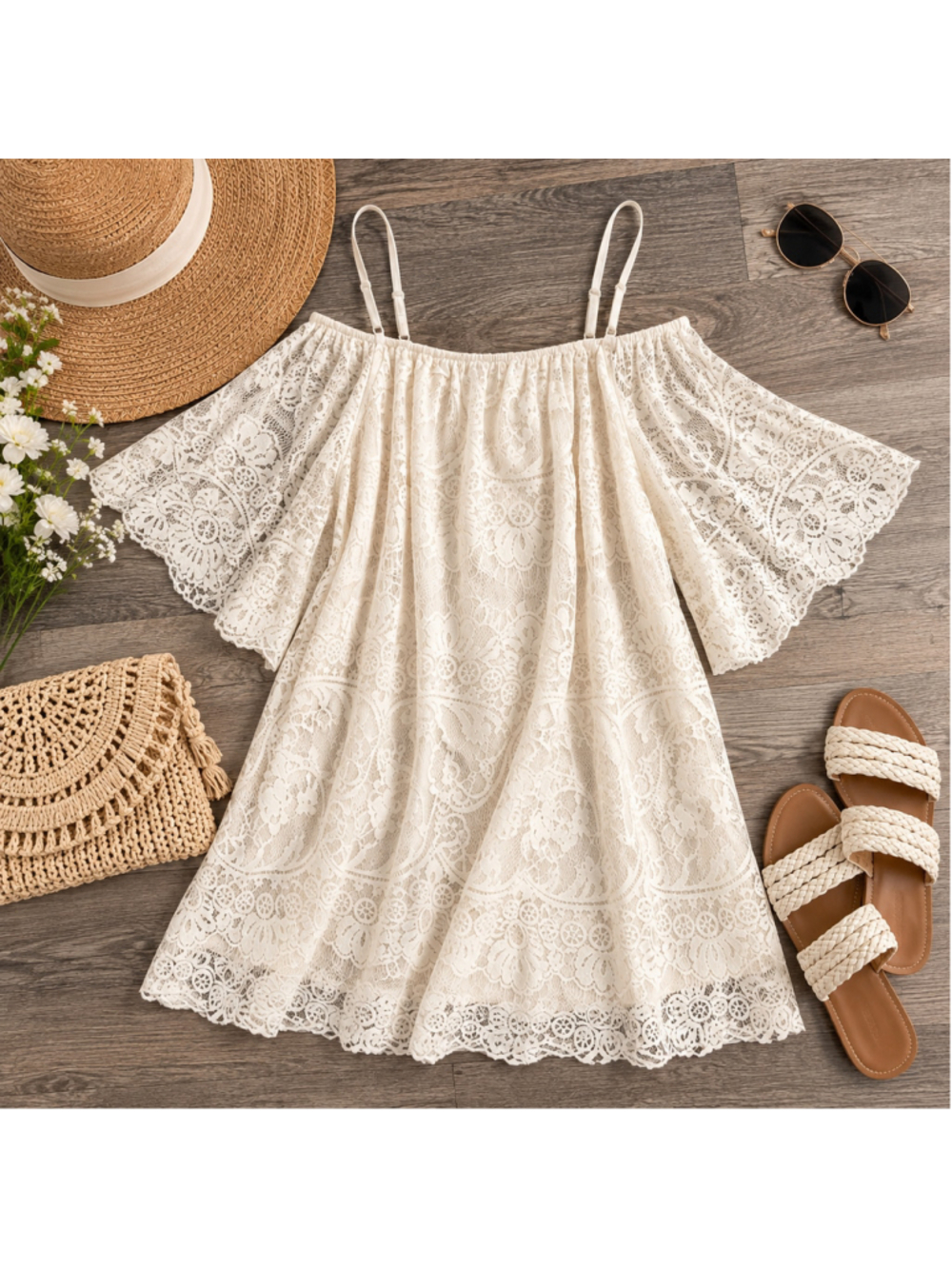 J Gee White Lace Off Shoulder Mini Dress Medium Boho Bridal Beach Festival